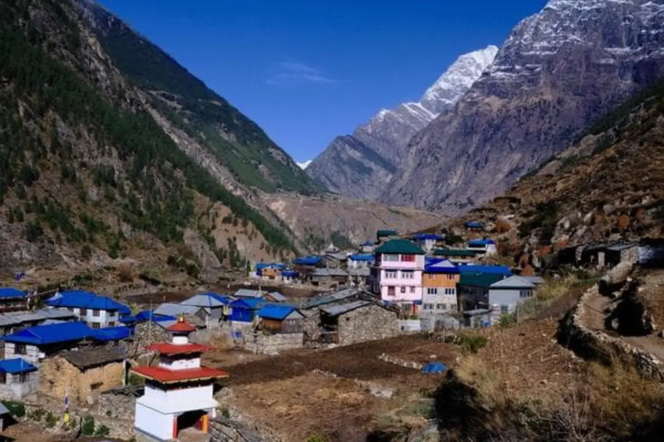 A panoramic view of the tightly clustered, rustic stone houses of Nar village nestled in a wide, dry valley with towering snowy Himalayan peaks under a clear blue sky.