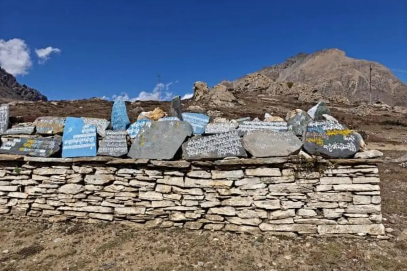 A long stone wall covered in intricately carved Tibetan Buddhist prayer tablets (Mani stones) with a large mountain peak in the distance, seen on high-altitude Annapurna treks.